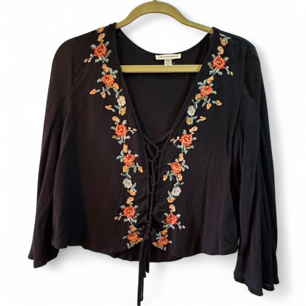 Floral Embellished Blouse with Tie Front and 3/4 Sleeves